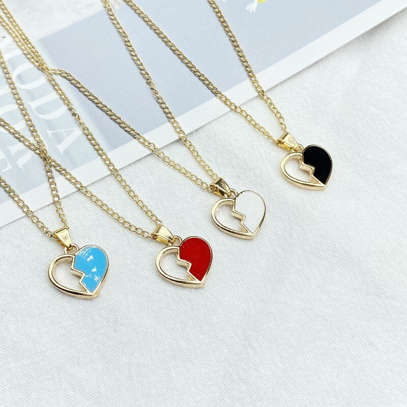 Pendant Necklace Red White Blue Hollow Love Heart Women Necklace Golden Color Link Chain Neck Jewelry