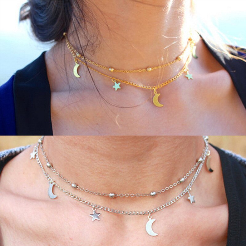 Personality Multilayer Star Moon Necklace Set Charm Clavicle Chain Choker Necklace Jewelry