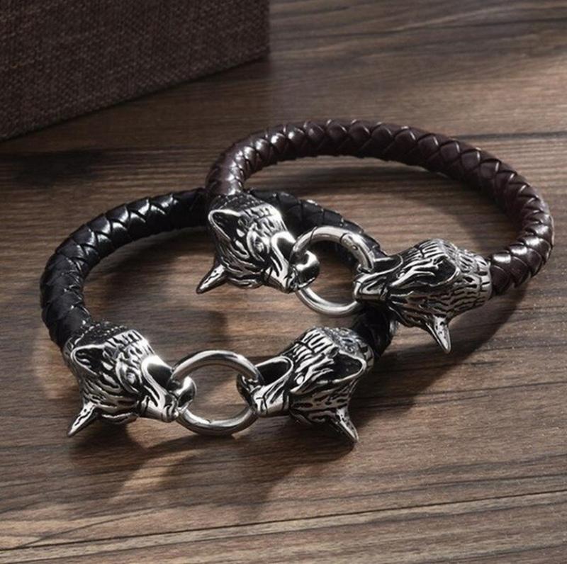 Personality Silver-Plated Wolf Head Bite Ring Bracelet Woven Bracelet Banquet Trend Jewelry for Men