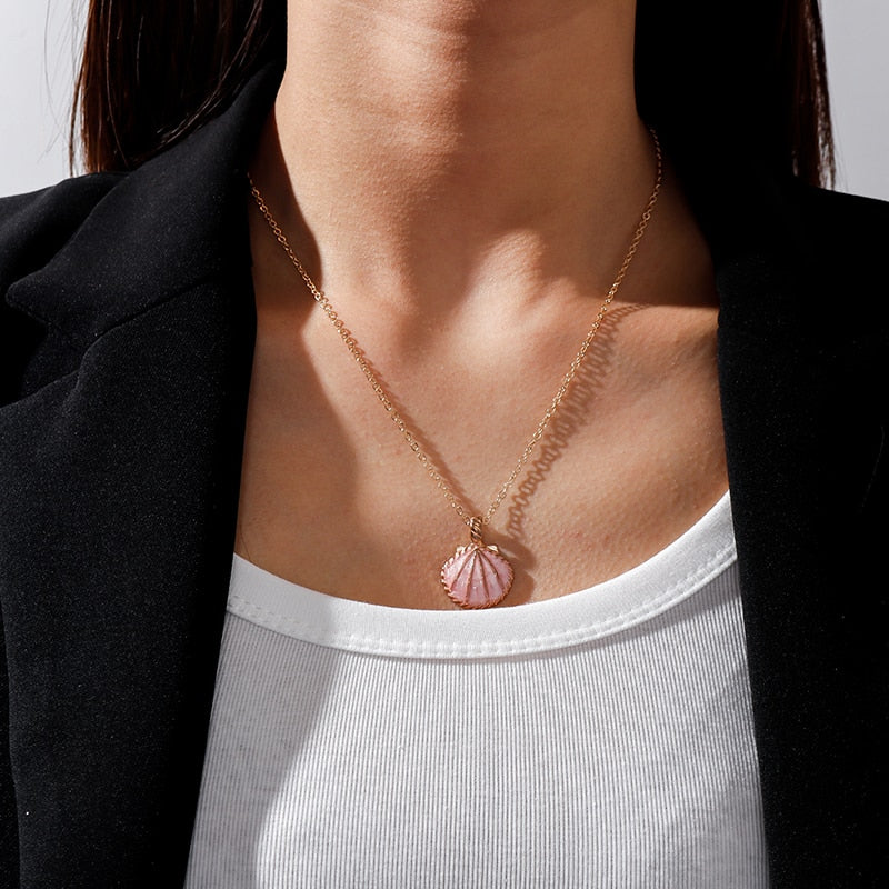 Pink Blue Enamel Shell Pendants Necklaces for Women Gold Color Chain Necklaces Ocean Beach Femme Brincos Jewelry Crafts
