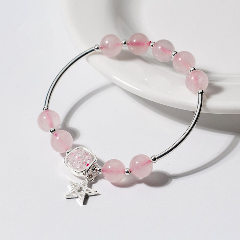 Fashion Pink Crystal Beads Bracelet LAN CAI 925 Sterling Sliver Ross Quartz Bracelet Five-pointed Star Pendant Jewelry for Women