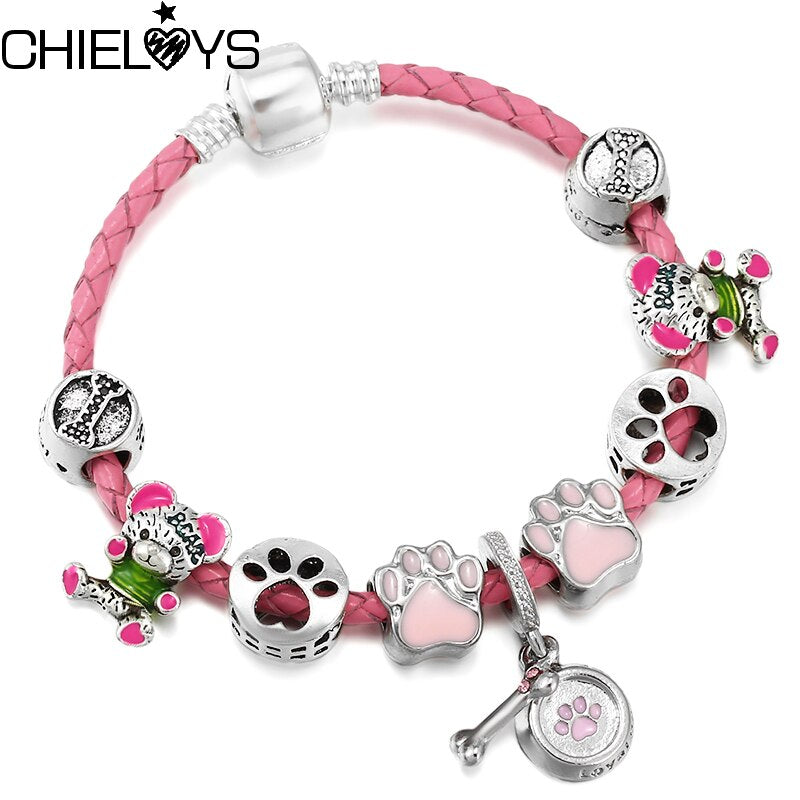 Pink Leather Bracelet Colorful Cute Bear Bead Dog Paw Print Pendant Charm Bracelets For Women  Jewelry