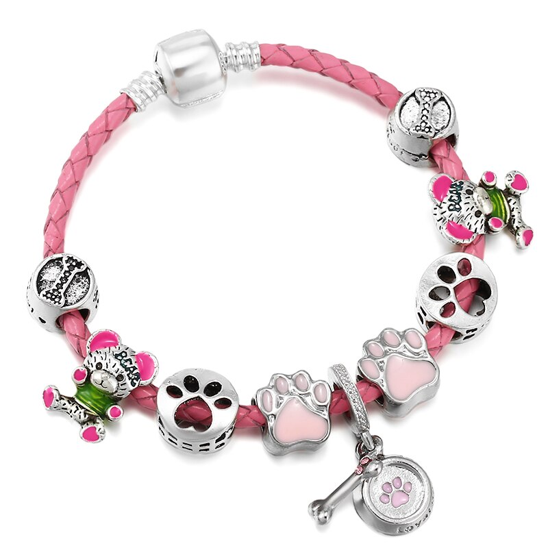 Pink Leather Bracelet Colorful Cute Bear Bead Dog Paw Print Pendant Charm Bracelets For Women  Jewelry