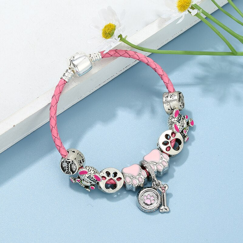 Pink Leather Bracelet Colorful Cute Bear Bead Dog Paw Print Pendant Charm Bracelets For Women  Jewelry