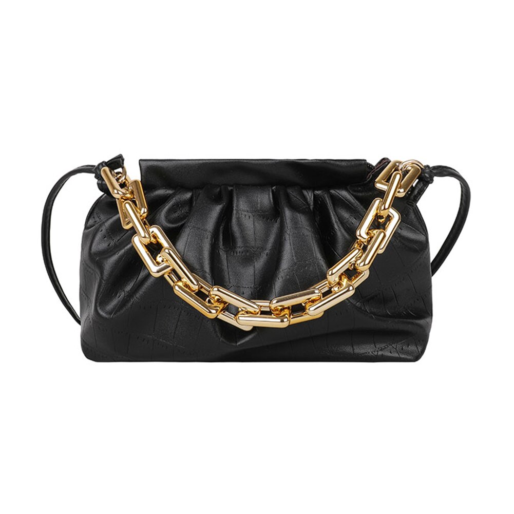 Pleated Crossbody Bags For Women Stone Pattern Retro PU Leather Shoulder Messenger Bag Solid Color Female Chain Handbags