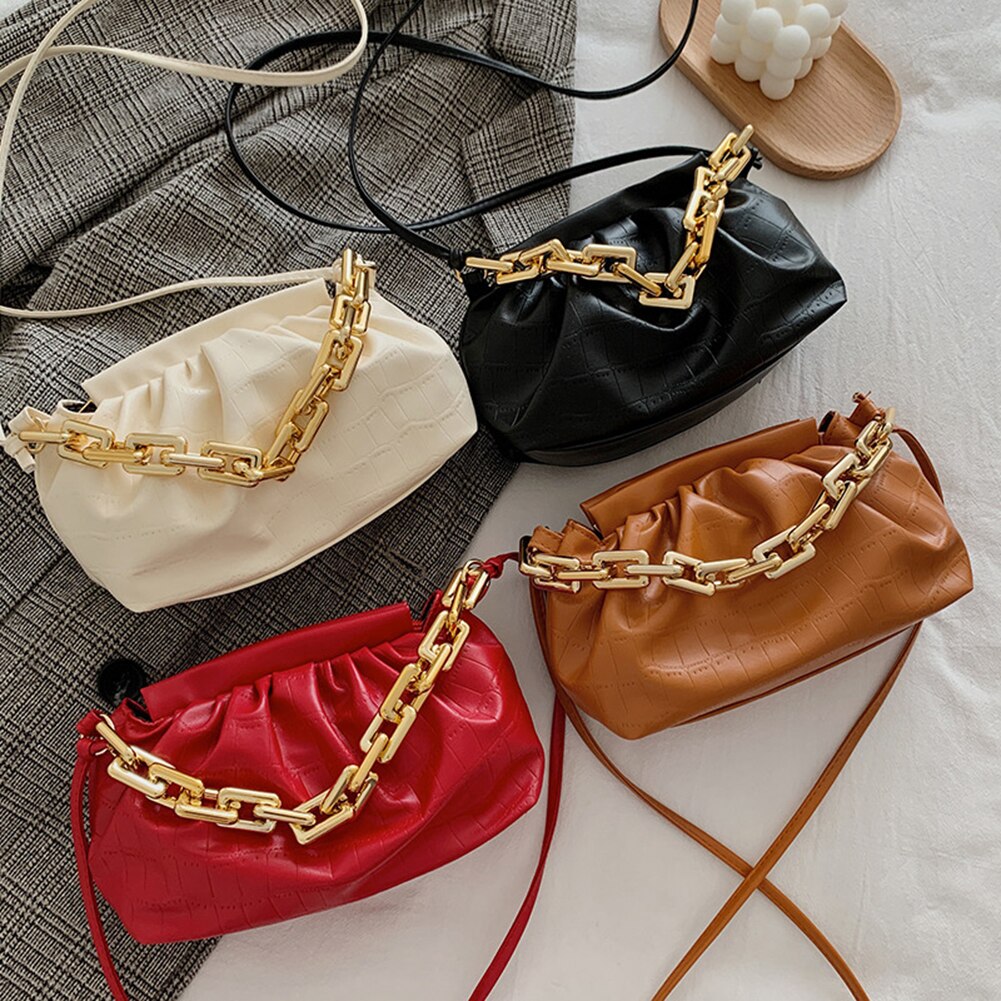 Pleated Crossbody Bags For Women Stone Pattern Retro PU Leather Shoulder Messenger Bag Solid Color Female Chain Handbags