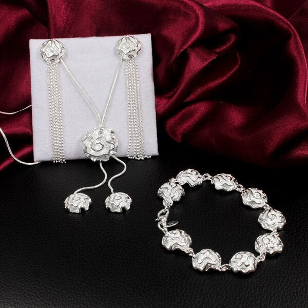 Pretty Rose flower 925 Sterling Silver necklace bracelet earring Jewelry set for women Party wedding accessories gifts