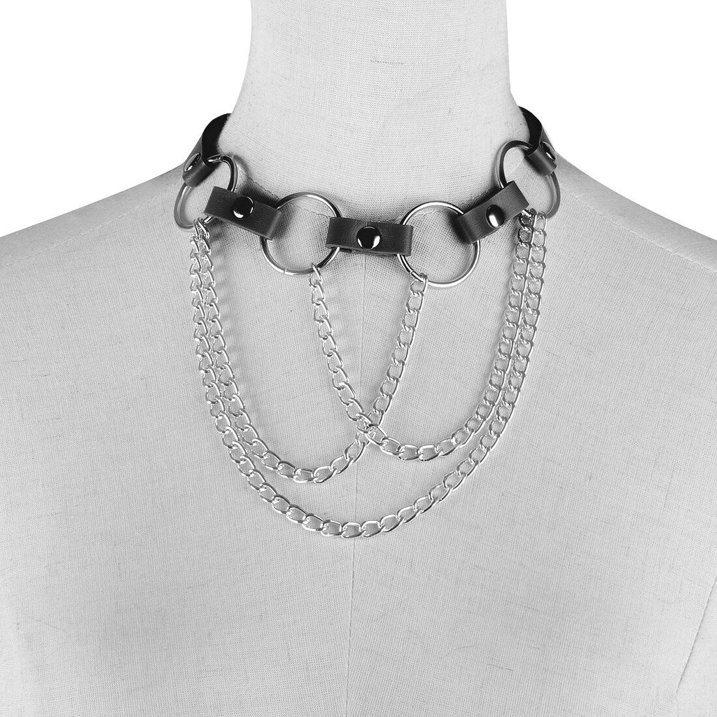 Punk Gothic Hip Hop Dancer Leather Choker Necklace Collar Circles Tassels Adjustable 3colors
