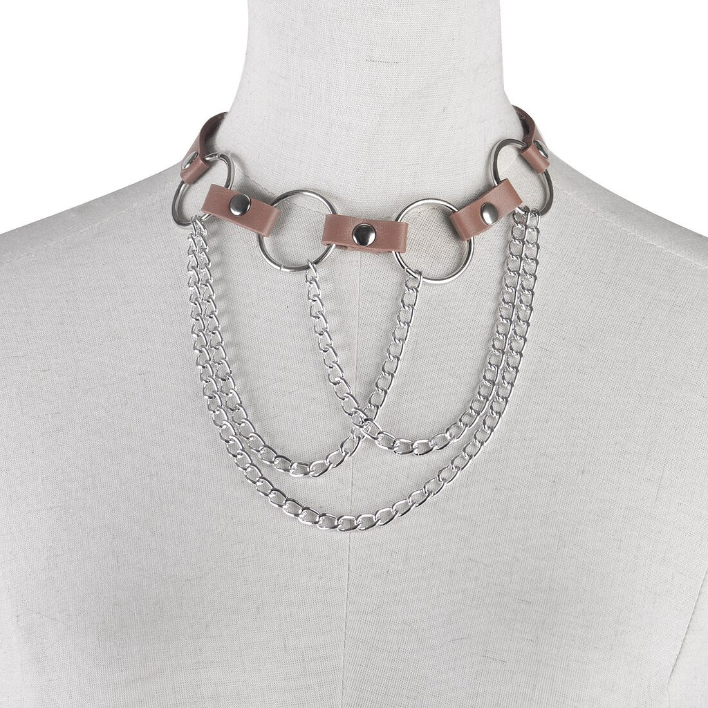 Punk Gothic Hip Hop Dancer Leather Choker Necklace Collar Circles Tassels Adjustable 3colors