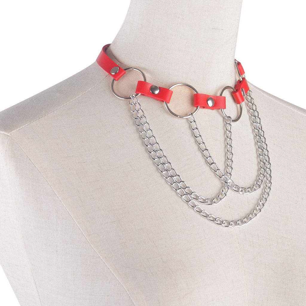 Punk Gothic Hip Hop Dancer Leather Choker Necklace Collar Circles Tassels Adjustable 3colors