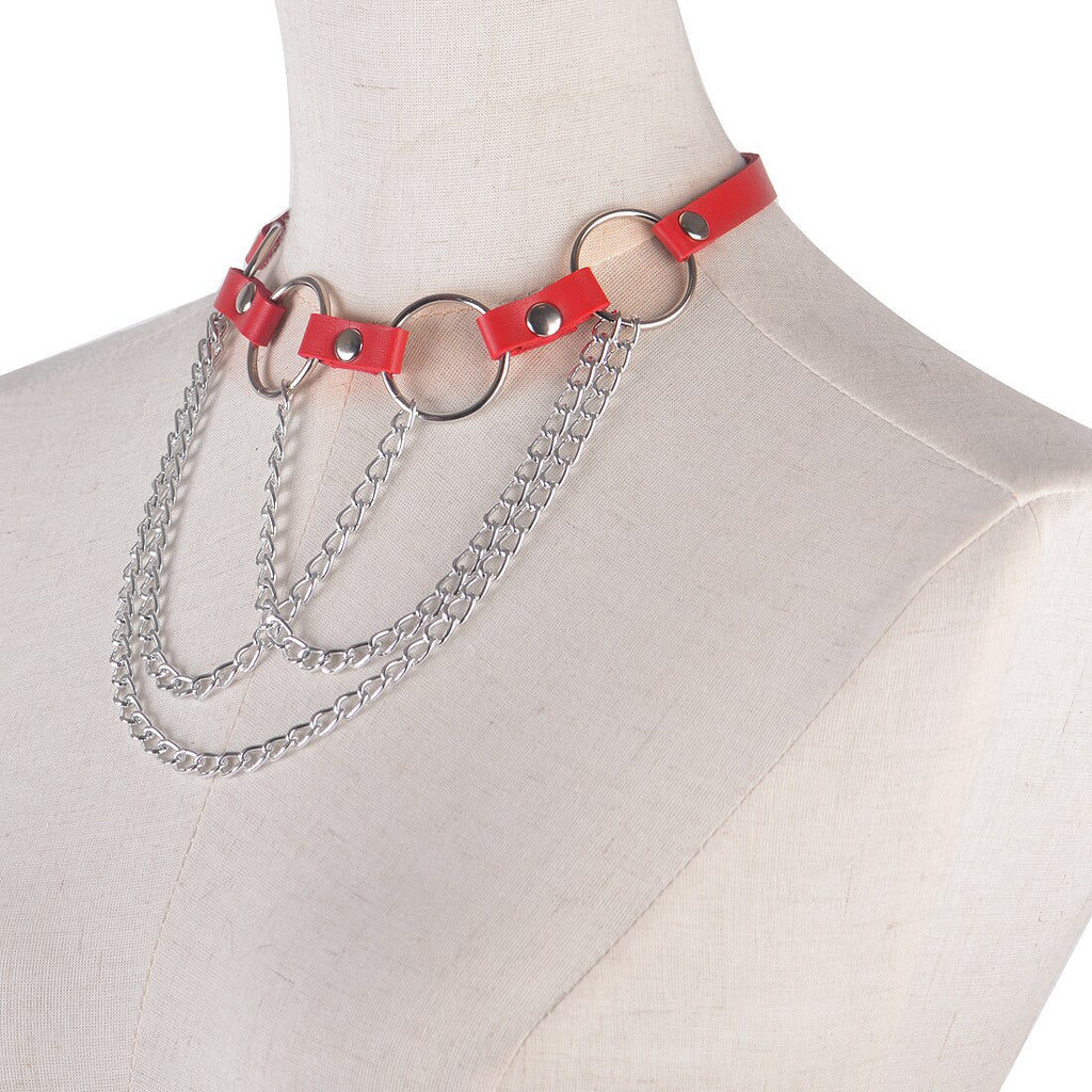 Punk Gothic Hip Hop Dancer Leather Choker Necklace Collar Circles Tassels Adjustable 3colors