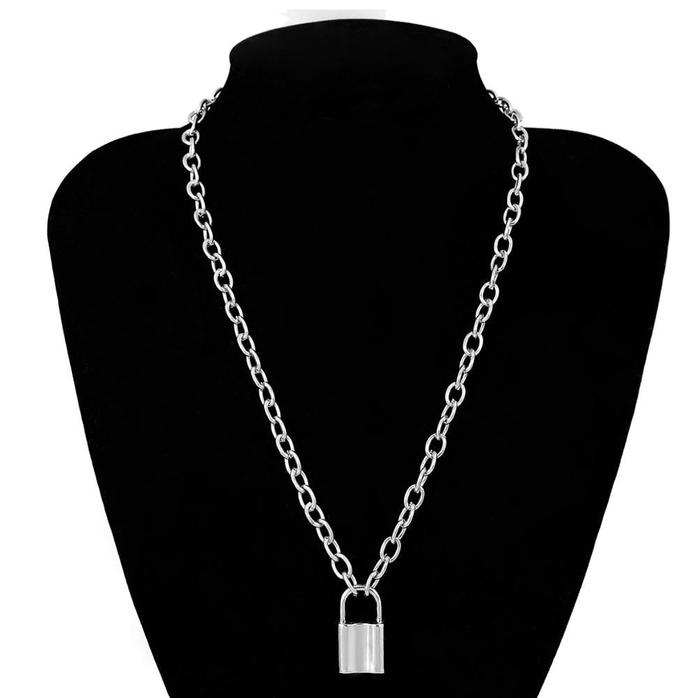 Punk Link Chain Gold and Silver color Padlock Pendant Necklace Women Trendy Punk Jewelry