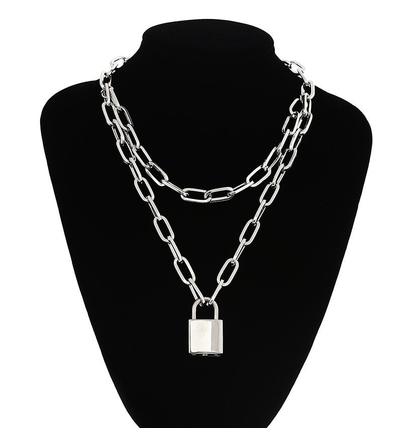 Punk Link Chain Gold and Silver color Padlock Pendant Necklace Women Trendy Punk Jewelry