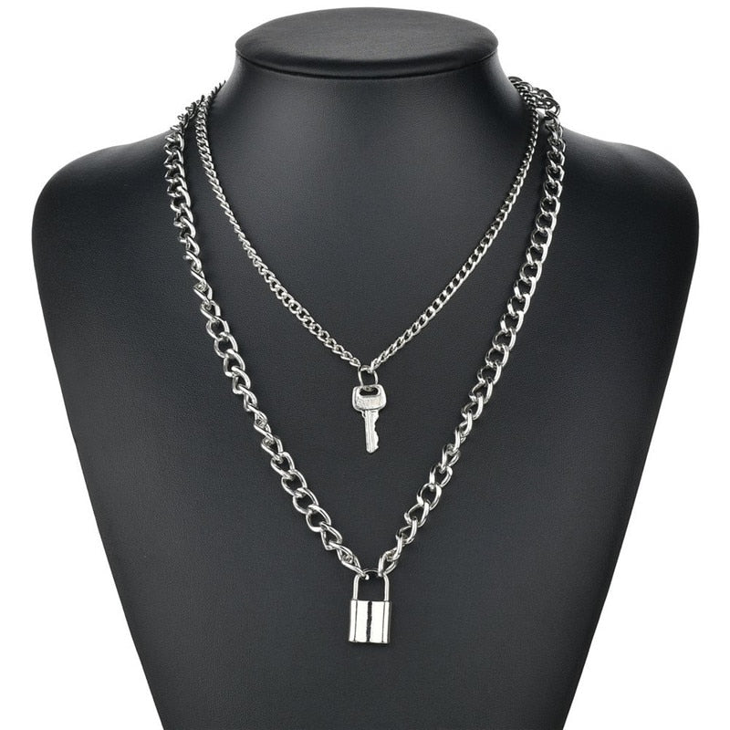 Punk Multilayer Lock Chain Necklace Padlock Key Necklace Pendant Women Gothic Party Jewelry Gift