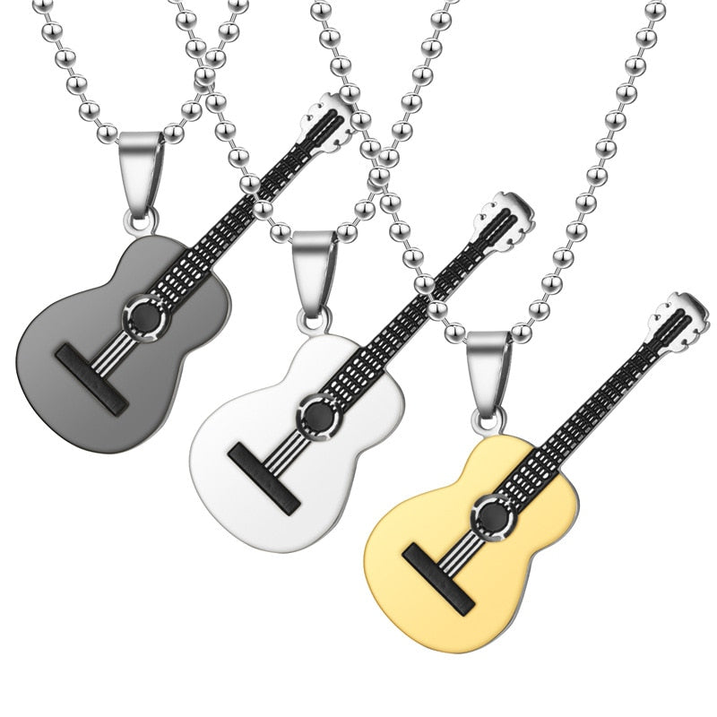 Punk Stainless Steel Guitar Pendant Necklace Beaded Chain  Necklaces Unisex Hip Hop Personality Party Jewelry