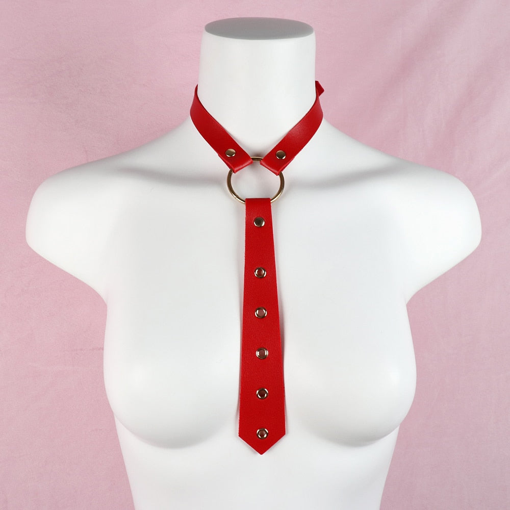 Punk Women Red PU Leather Necktie Gothic Bow Tie Vintage Necklaces Trendy Collar Choker Cool Girl Accessories Jewelry