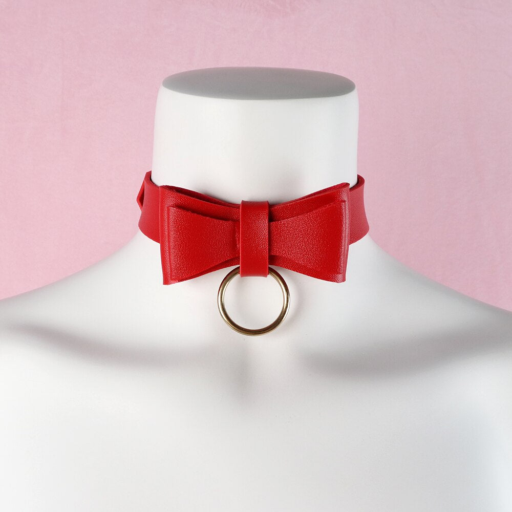 Punk Women Red PU Leather Necktie Gothic Bow Tie Vintage Necklaces Trendy Collar Choker Cool Girl Accessories Jewelry
