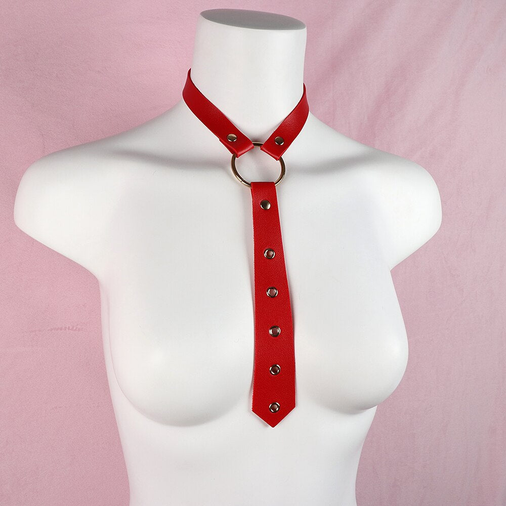 Punk Women Red PU Leather Necktie Gothic Bow Tie Vintage Necklaces Trendy Collar Choker Cool Girl Accessories Jewelry