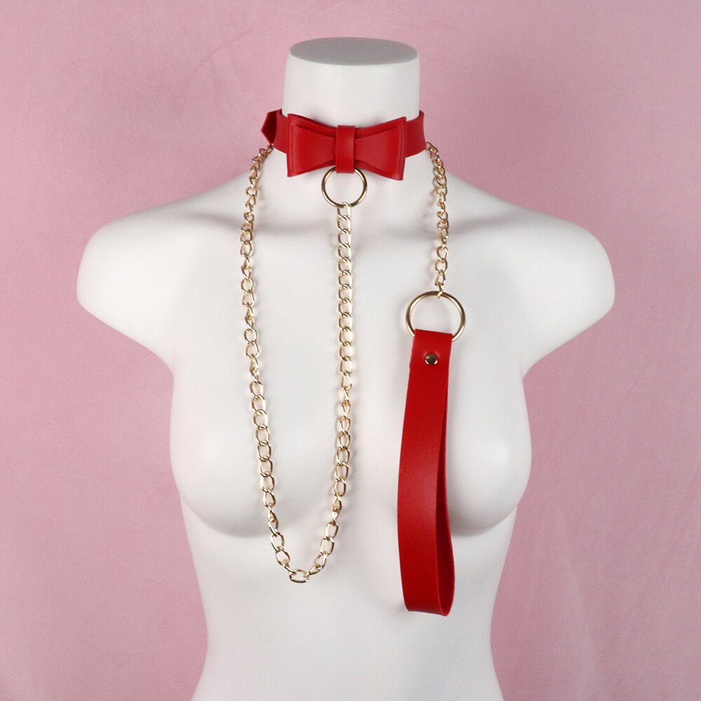 Punk Women Red PU Leather Necktie Gothic Bow Tie Vintage Necklaces Trendy Collar Choker Cool Girl Accessories Jewelry