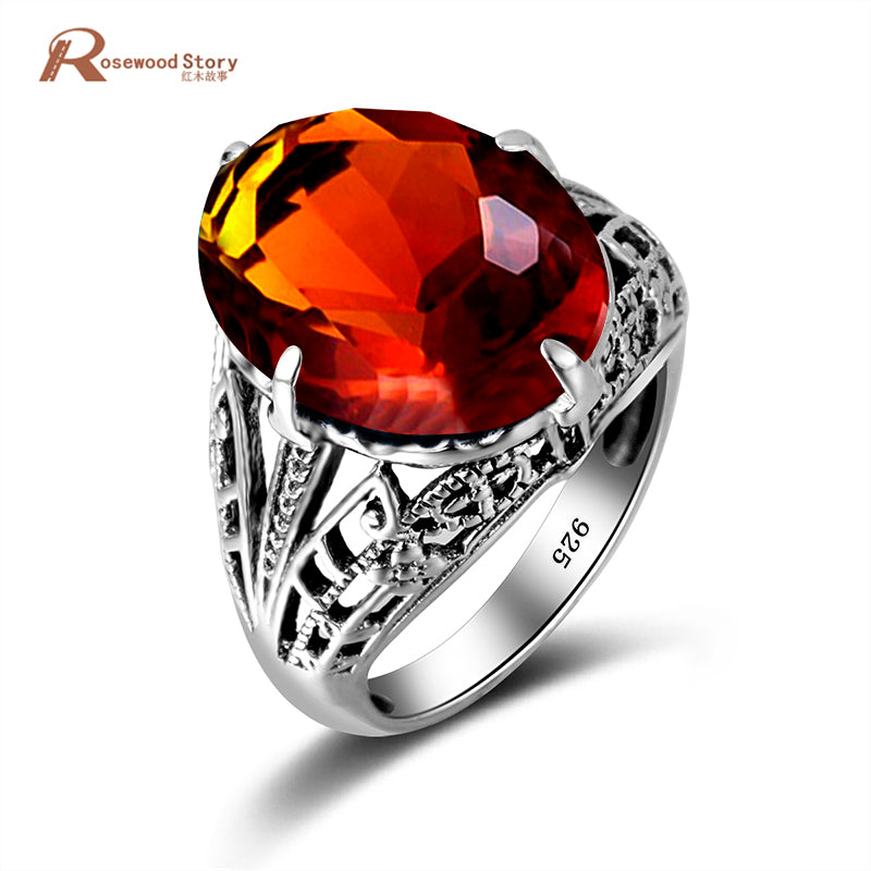 Fashion Real Solid 925 Sterling Silver Ring Brown Stone Amber Oval Jewelry Bijoux Femme Brand Wedding Engagement Silver Ring
