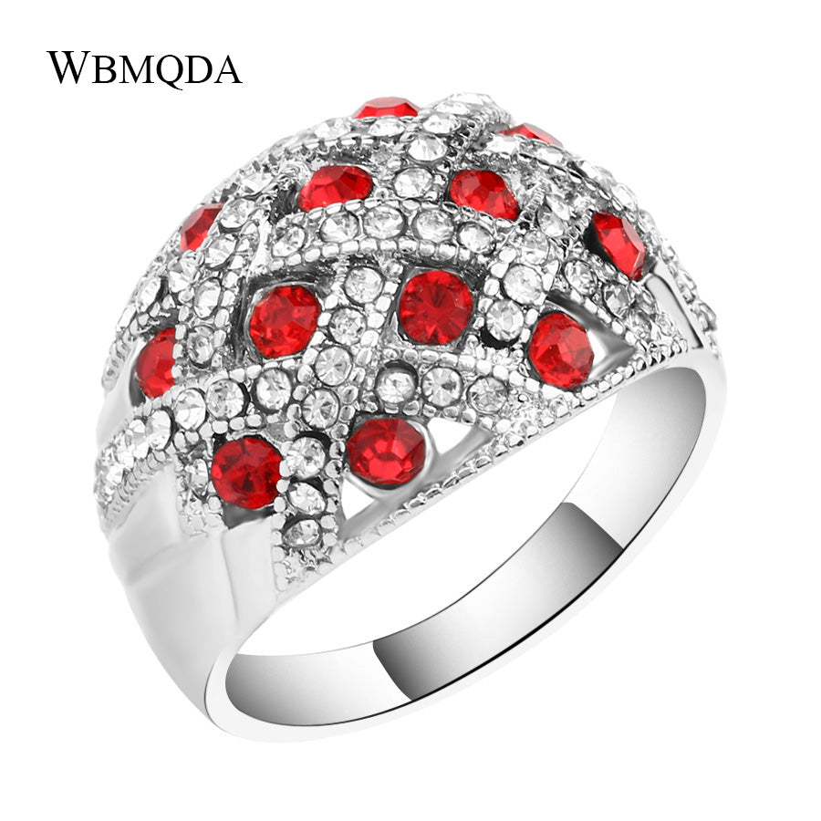 Fashion Red Crystal Silver Wedding Rings For Women Vintage Grid Pattern Gold Engagement Ring Bulgaria Jewelry