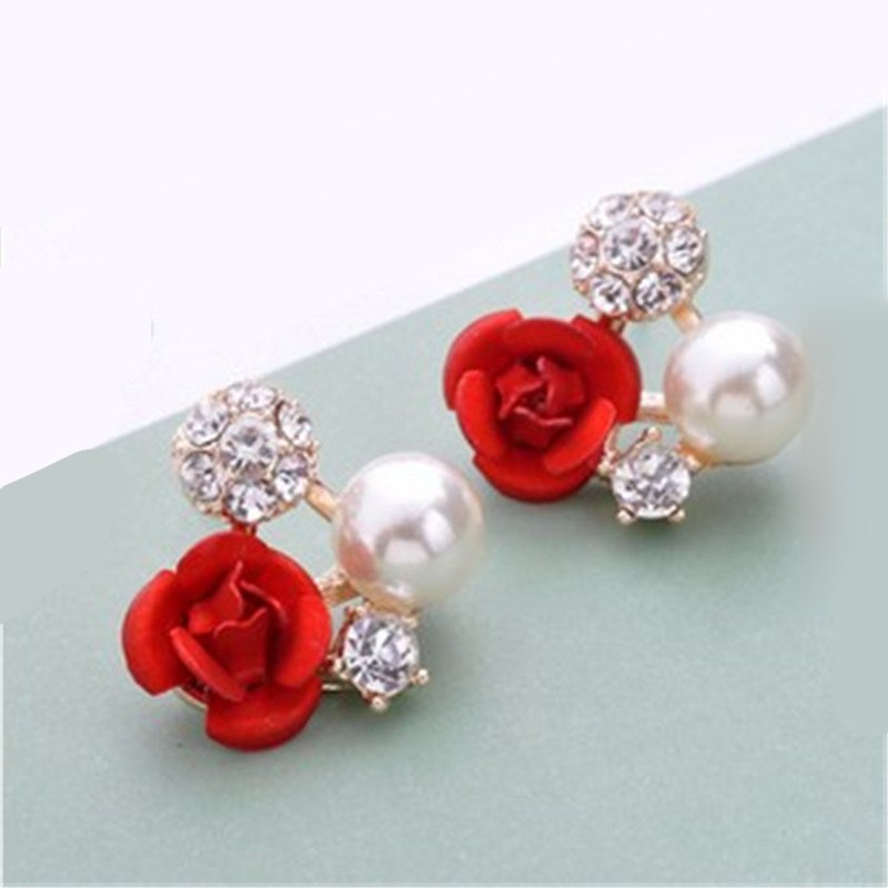 Fashion Red Rose Earrings Rose Gold Color Crystal Rhinestone Pearl Butterfly Flower Stud Earrings Women Gifts Wedding Jewelry