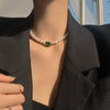 Retro Geometry Square Green Glass Baroque Imitation Pearl Short Clavicle Necklace For Women Bride Jewelry