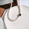 Retro Geometry Square Green Glass Baroque Imitation Pearl Short Clavicle Necklace For Women Bride Jewelry