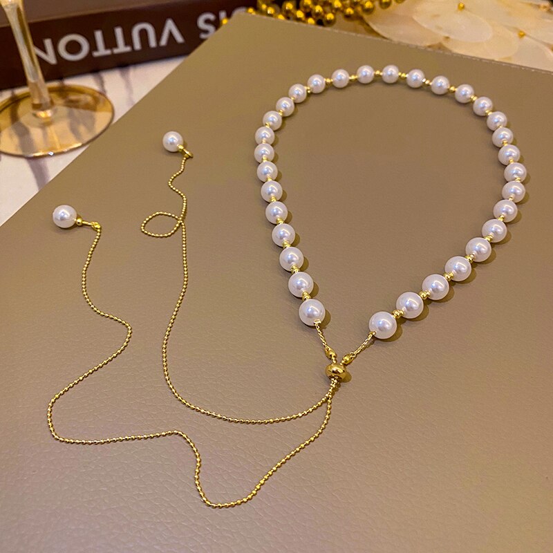 Retro Imitation Pearl Necklaces For Women French Romantic Style Clavicle Chain Trend Long Personality Prom Accessories