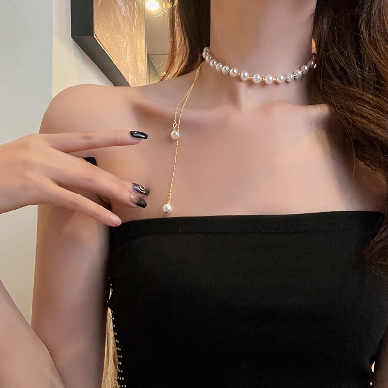 Retro Imitation Pearl Necklaces For Women French Romantic Style Clavicle Chain Trend Long Personality Prom Accessories