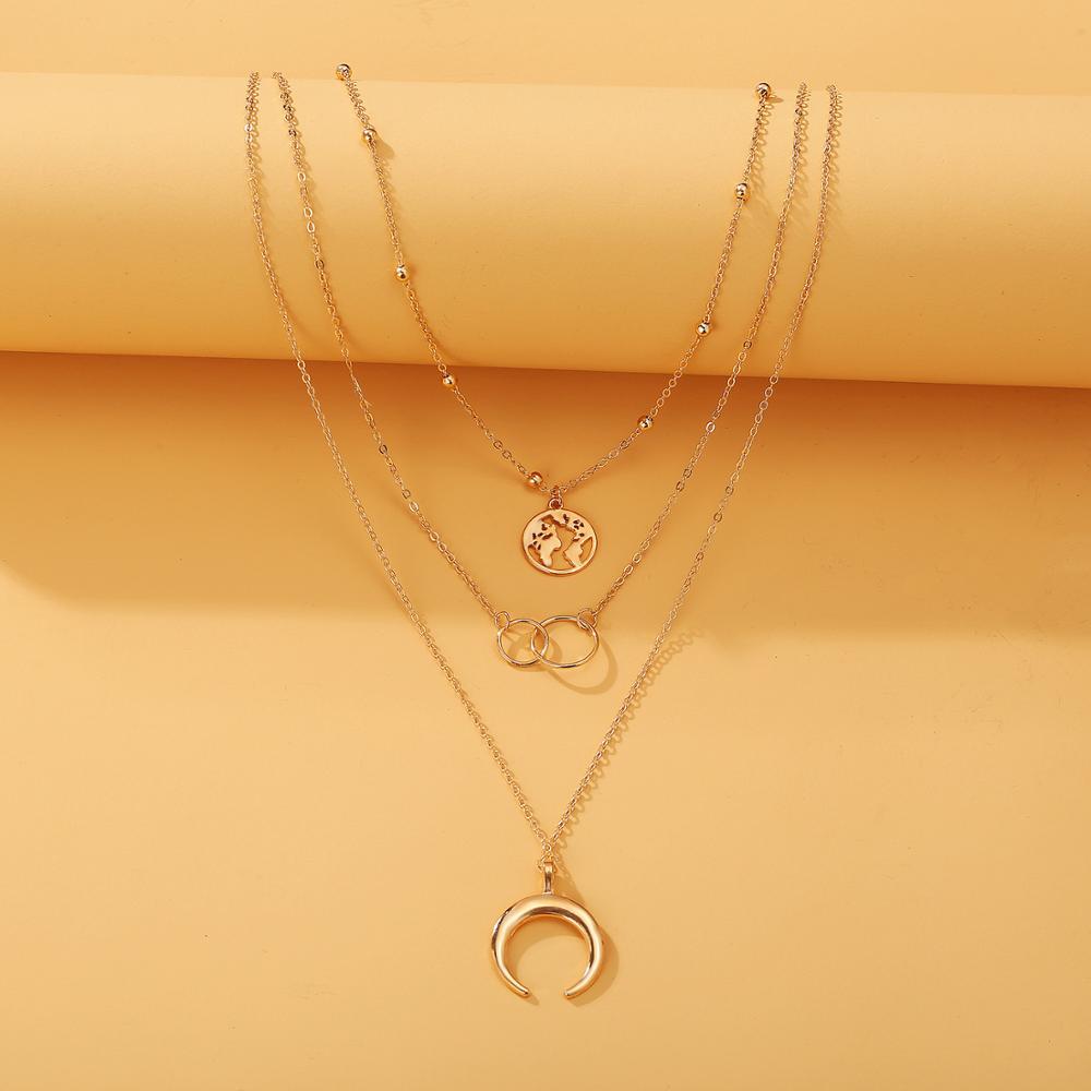 Retro Moon World Map Circle Pendant Multilayer Gold Colodr Necklace Party Charm Jewelry Accessories For Women