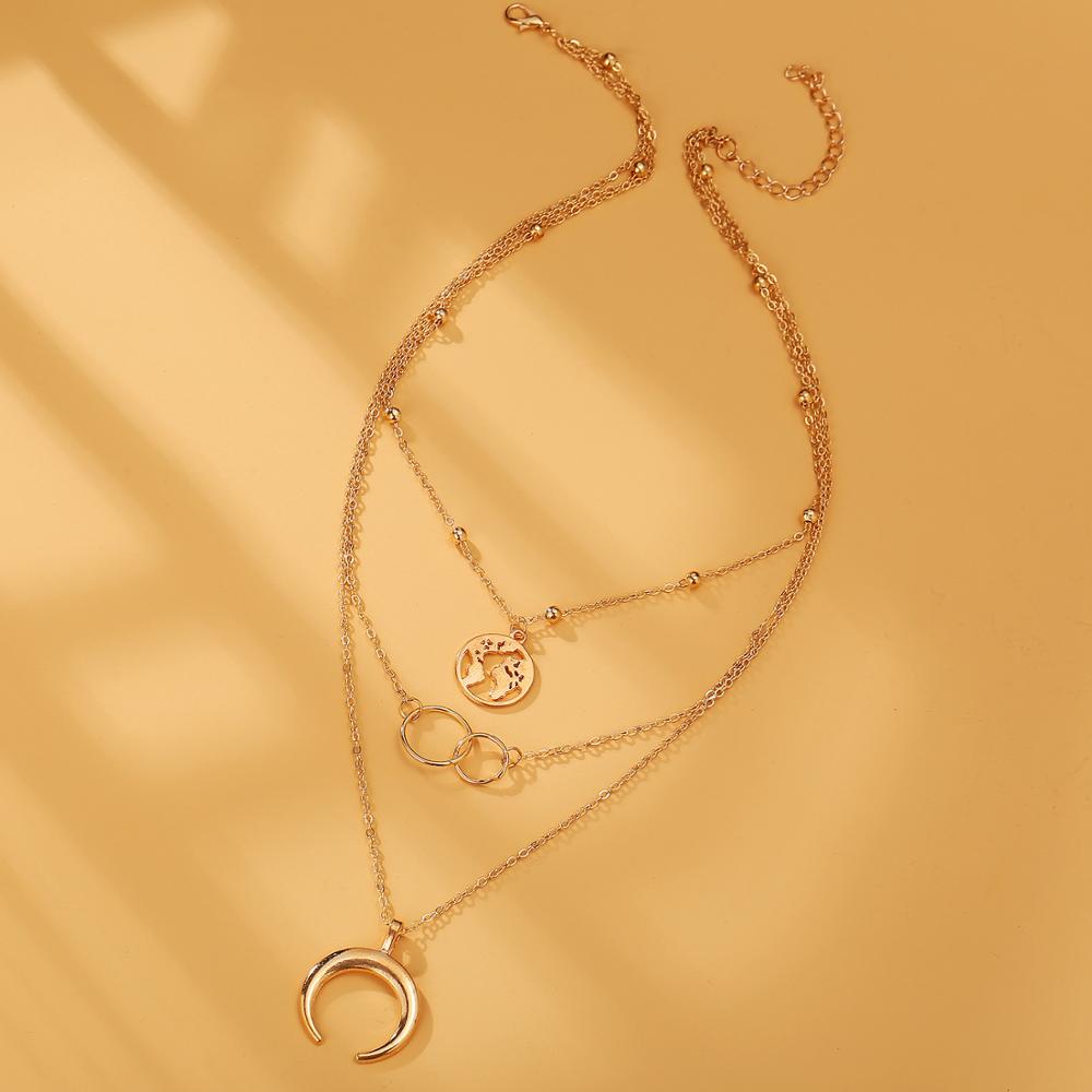 Retro Moon World Map Circle Pendant Multilayer Gold Colodr Necklace Party Charm Jewelry Accessories For Women