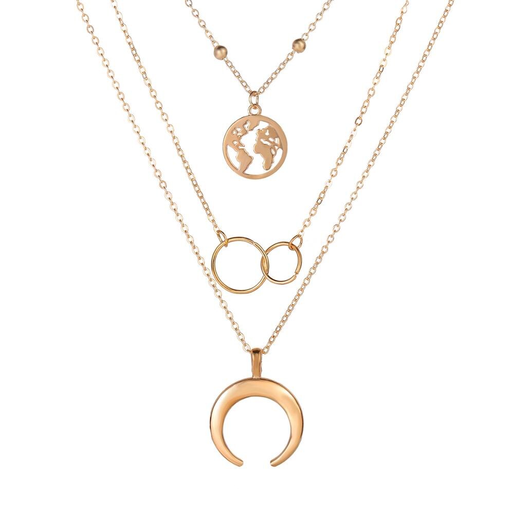 Retro Moon World Map Circle Pendant Multilayer Gold Colodr Necklace Party Charm Jewelry Accessories For Women