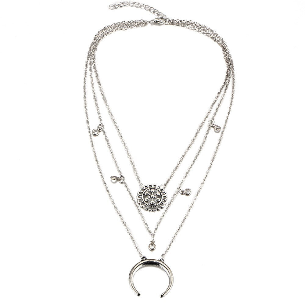 Retro Moon World Map Circle Pendant Multilayer Gold Colodr Necklace Party Charm Jewelry Accessories For Women