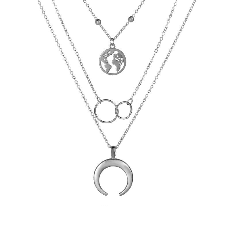 Retro Moon World Map Circle Pendant Multilayer Gold Colodr Necklace Party Charm Jewelry Accessories For Women