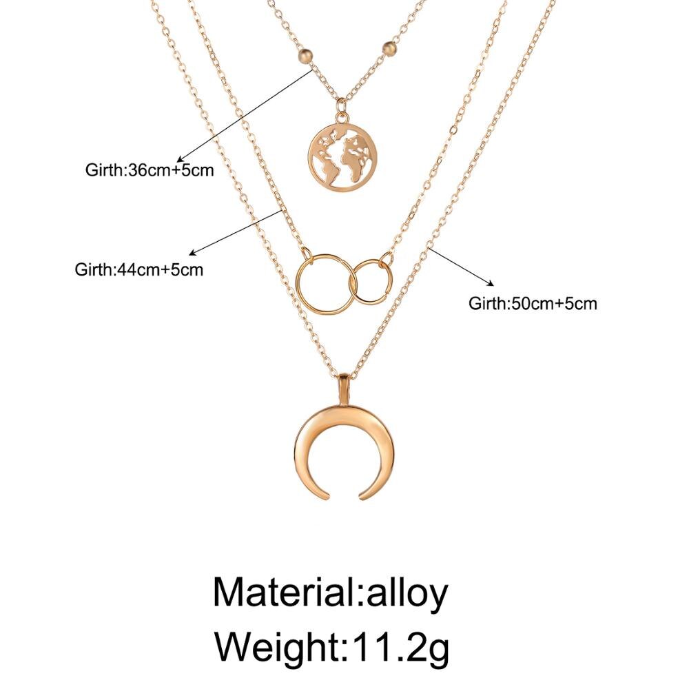 Retro Moon World Map Circle Pendant Multilayer Gold Colodr Necklace Party Charm Jewelry Accessories For Women