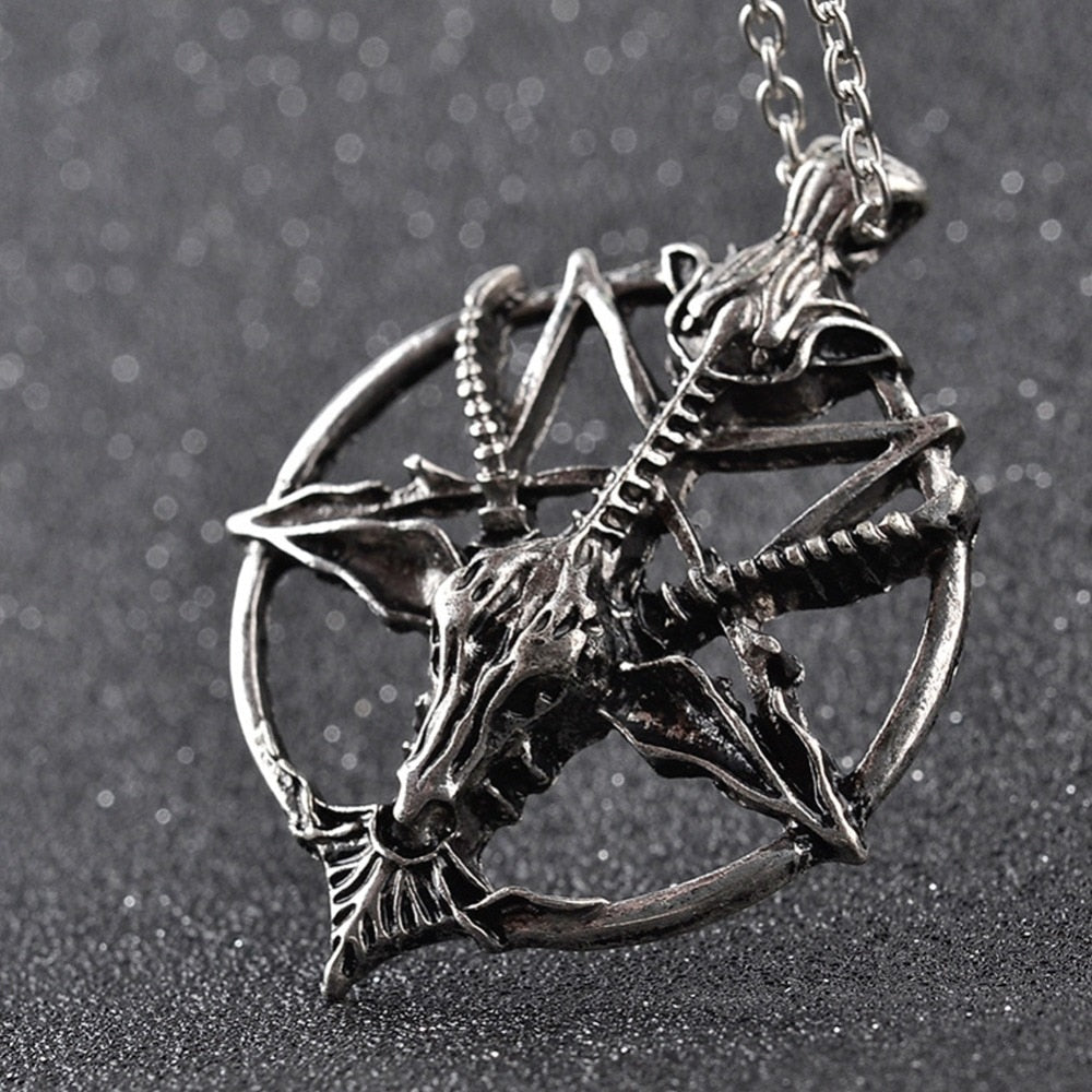 Retro Pentagram Pan God Skull Goat Head Pendant Necklace Luck Satanism Occult Metal Vintage Silver Plated Star Necklace
