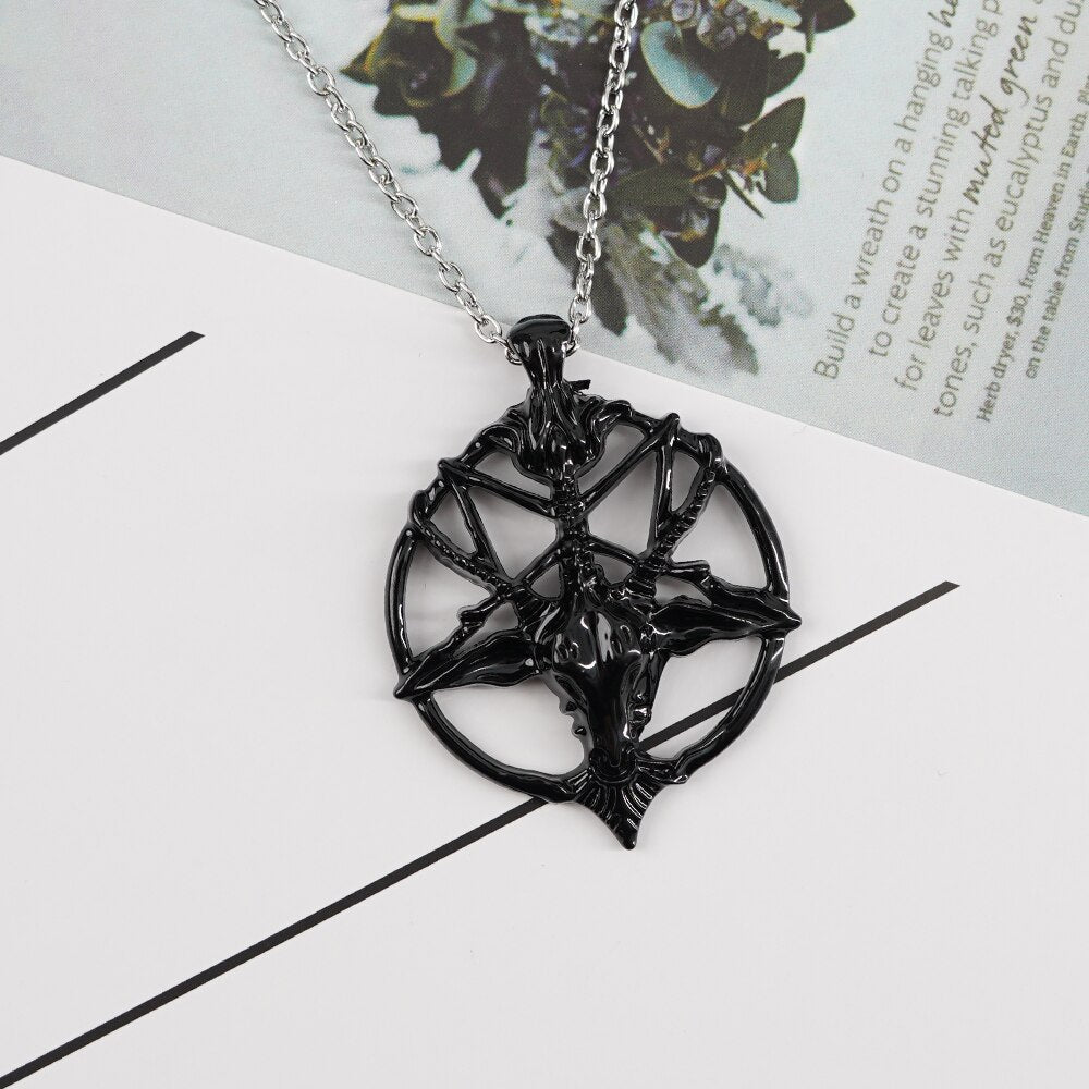 Retro Pentagram Pan God Skull Goat Head Pendant Necklace Luck Satanism Occult Metal Vintage Silver Plated Star Necklace
