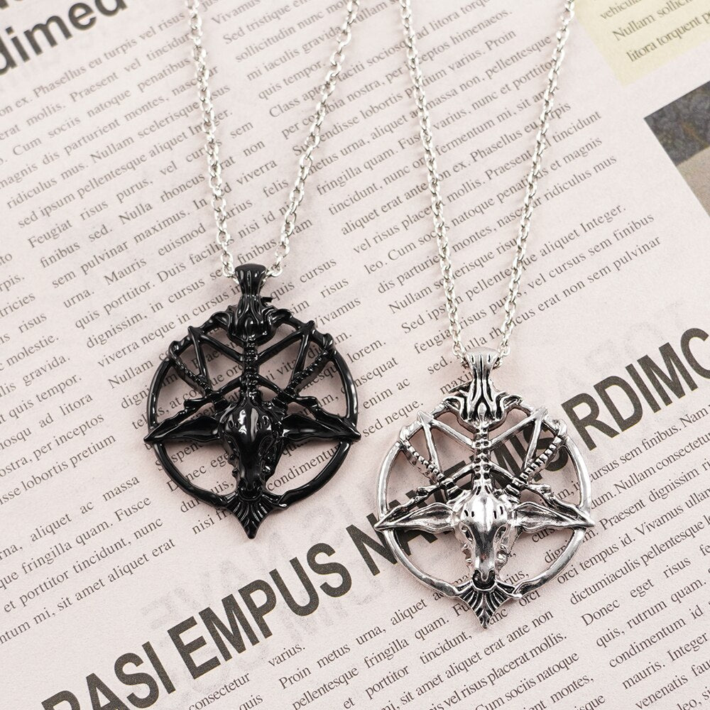 Retro Pentagram Pan God Skull Goat Head Pendant Necklace Luck Satanism Occult Metal Vintage Silver Plated Star Necklace