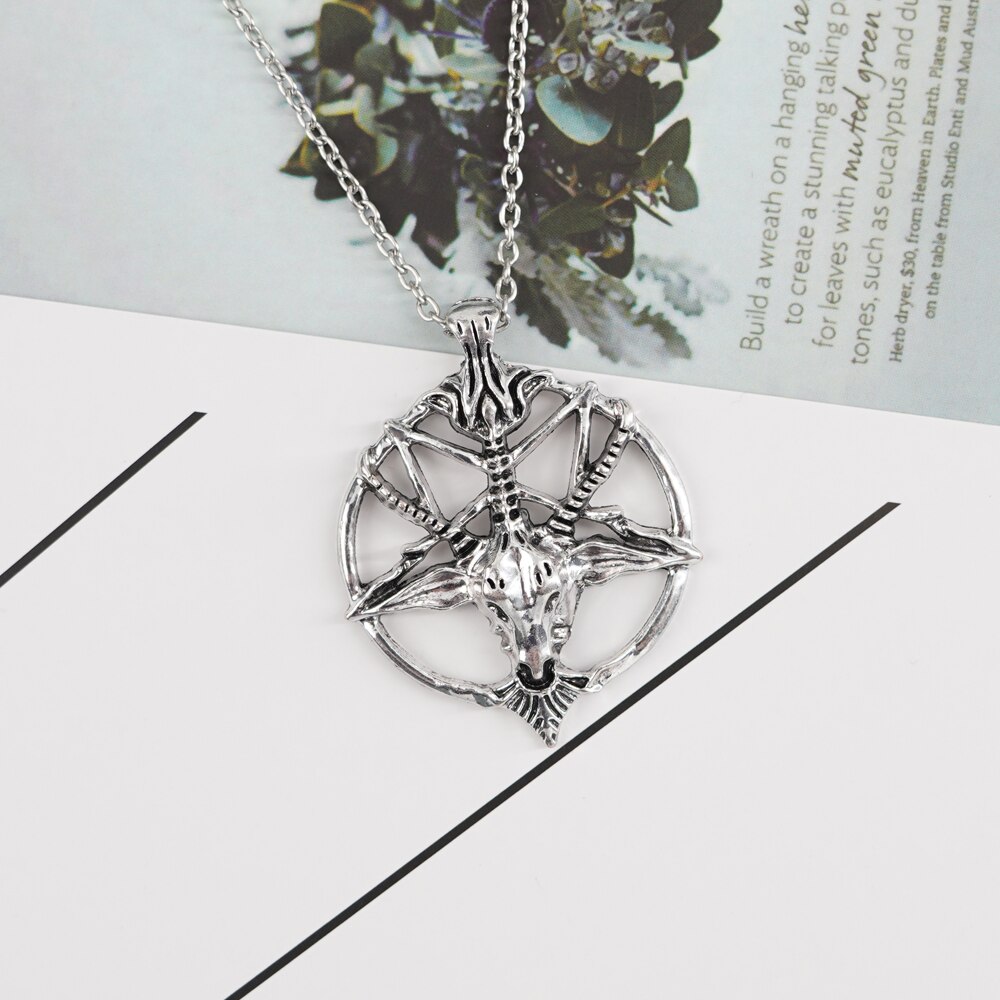 Retro Pentagram Pan God Skull Goat Head Pendant Necklace Luck Satanism Occult Metal Vintage Silver Plated Star Necklace