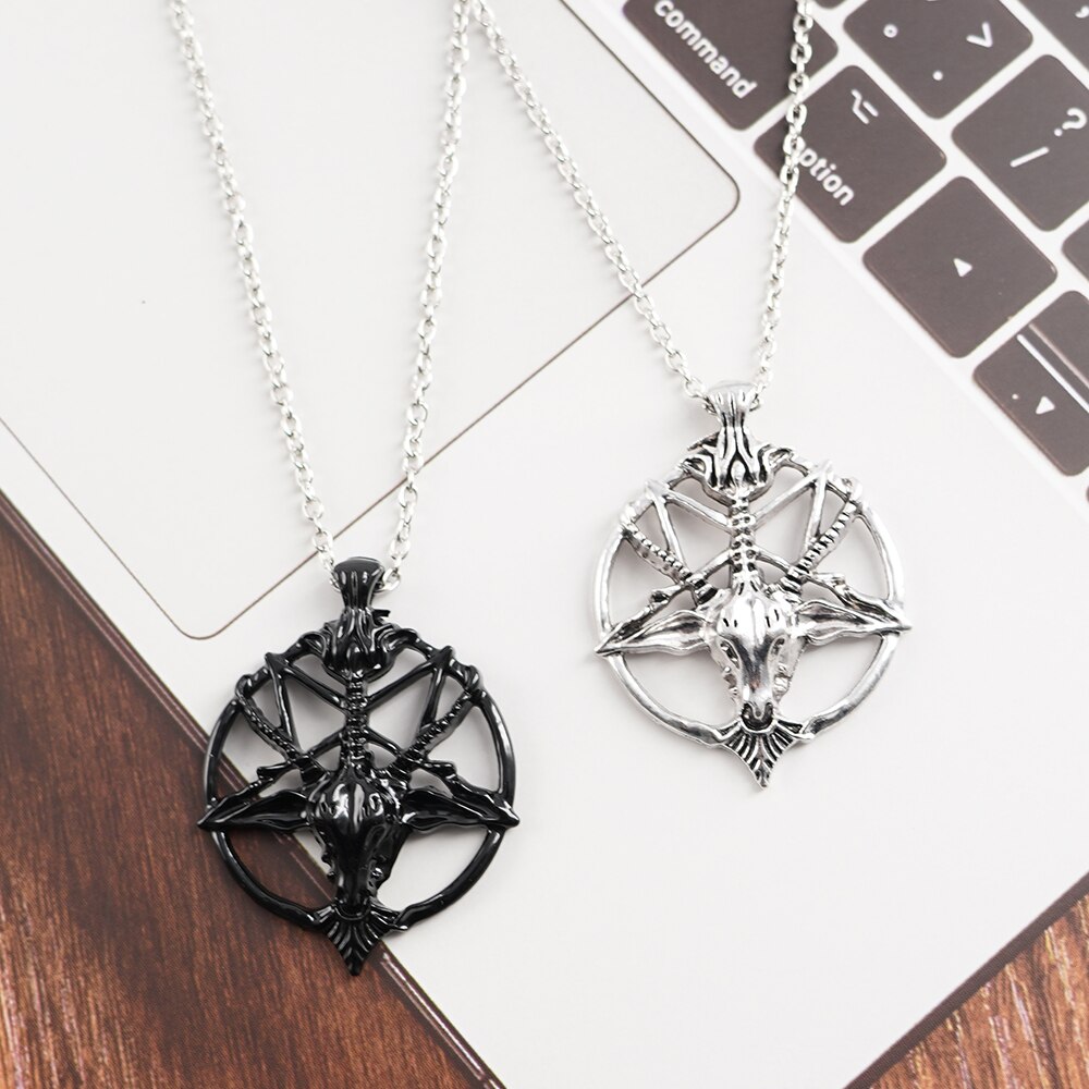 Retro Pentagram Pan God Skull Goat Head Pendant Necklace Luck Satanism Occult Metal Vintage Silver Plated Star Necklace
