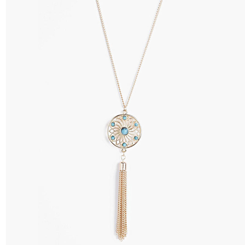 Fashion Retro Women Tassels Pendant Necklace Jewelry Bohemia Bead Flower Net Pendant Chain Necklace Gift