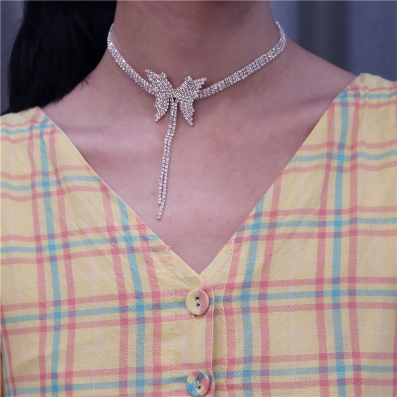 Rhinestone Bow Choker Necklaces for Women Gold Clavicular Chain Crystal Pendant Necklaces Statement Jewelry Gifts