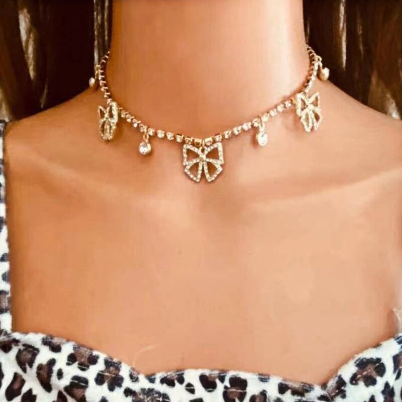 Rhinestone Butterfly Tassel Choker Necklace for Woman Party Casual