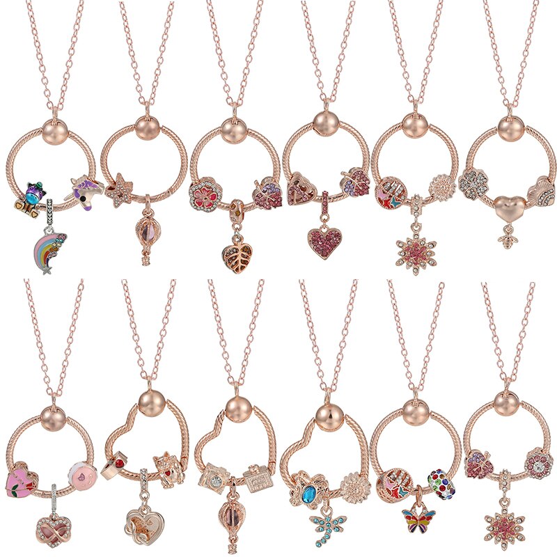 Rose Gold Unicorn Air Balloon Charms Pendant Necklace For Women Gift  Long Chain Jewelry
