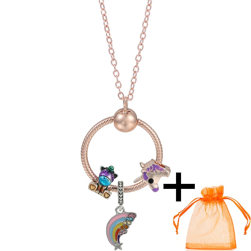 Rose Gold Unicorn Air Balloon Charms Pendant Necklace For Women Gift  Long Chain Jewelry