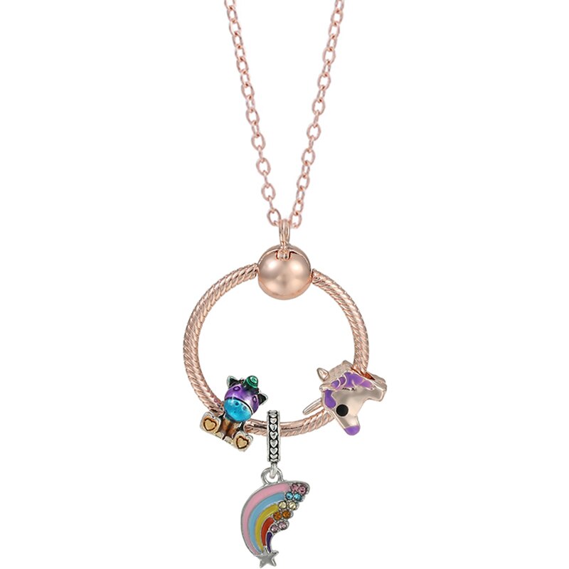Rose Gold Unicorn Air Balloon Charms Pendant Necklace For Women Gift  Long Chain Jewelry