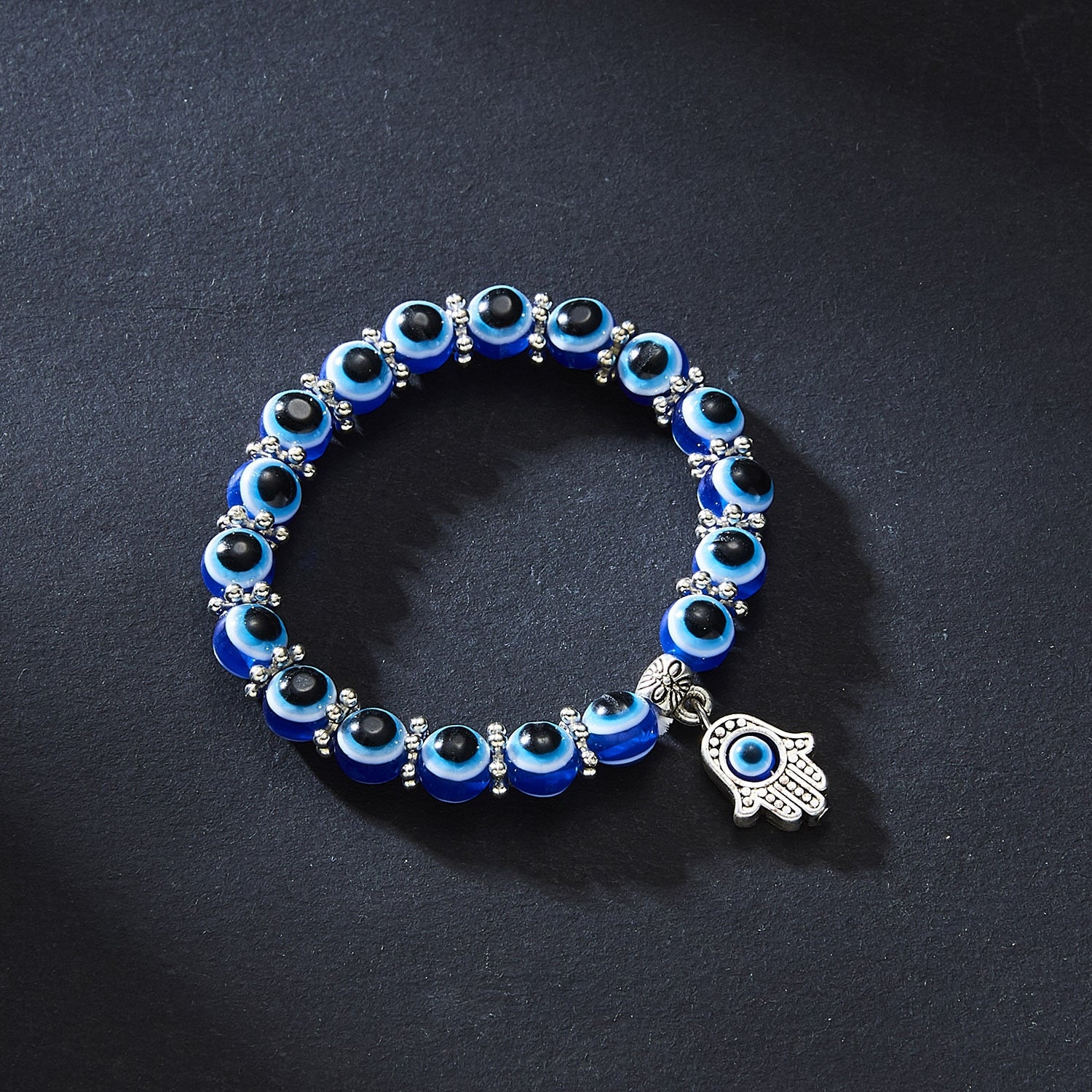 Silver Color Blue Evil Eye Hamsa Hand Fatima Palm Bracelets for Women Bead charm bracelet Ethnic style Handmade Jewelry