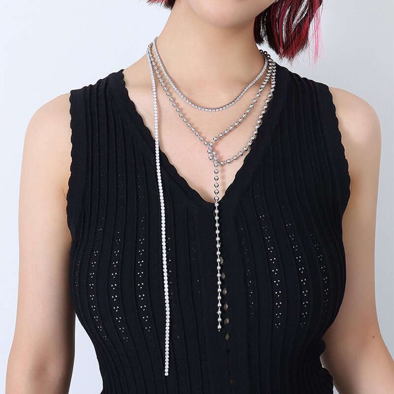 Silver Color Stainless Steel Long Beads Tassel Necklace For Women Jewelry, Hiphop Crystal Neck Chains Necklaces Female