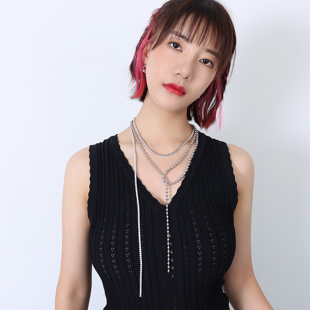 Silver Color Stainless Steel Long Beads Tassel Necklace For Women Jewelry, Hiphop Crystal Neck Chains Necklaces Female